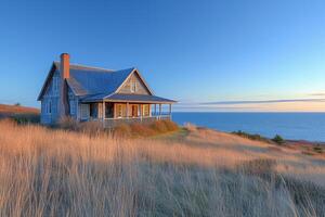 AI generated A quaint seaside house nestled atop a windswept bluff photo