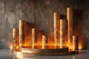 AI generated A minimalist podium adorned with gleaming gold finishes photo