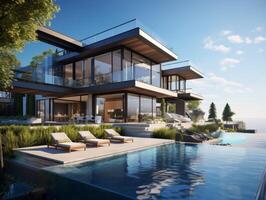 AI generated A modern waterfront residence, with the house situated along the banks of a bustling river photo