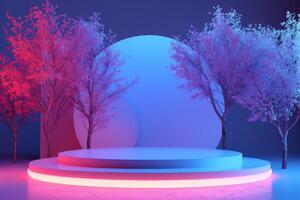 AI generated A minimalist podium adorned with neon trees photo