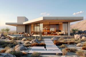 AI generated A modern minimalist house set against the backdrop of a vast desert landscape photo