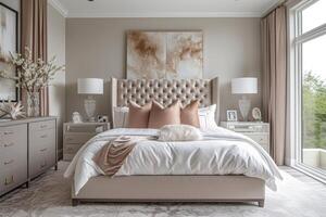 AI generated A luxury bedroom design with marble accents, custom cabinetry photo