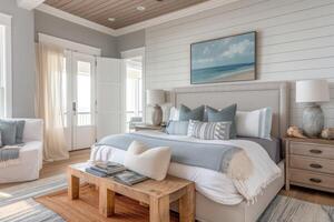 AI generated A coastal-style bedroom sanctuary, featuring coastal-themed decor accents photo