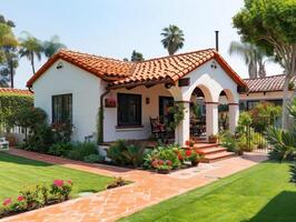 ai generado un Mediterráneo bungalow situado dentro un suburbano barrio foto