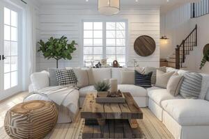 AI generated A modern farmhouse-style living room, featuring a distressed wood coffee table photo