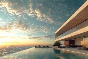 AI generated A modern exterior house bathed in sunlight with pool photo