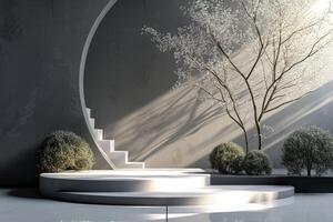 AI generated A sleek podium adorned with minimalist trees photo