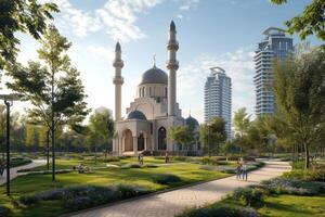 A modern mosque surrounded by a vibrant city park photo