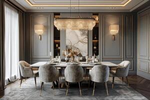 AI generated Art Deco dining room with neutral tones, geometric shapes, and luxurious textures photo