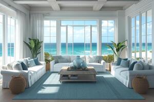 AI generated A coastal-inspired living room, characterized by panoramic ocean views photo