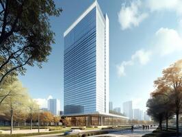 AI generated An office tower serving as a global business center, with premium office suites photo