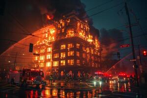 ai generado edificio atrapado en llamas foto