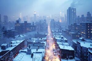 AI generated A city skyline blanketed in snow, where rooftops glisten under the soft, wintry light photo