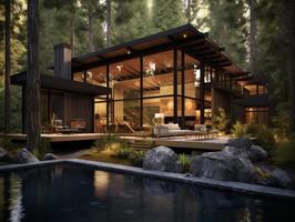 AI generated A modern cabin nestled among towering trees and moss-covered boulders photo