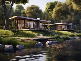 AI generated A modern house nestled along the banks of a meandering river photo