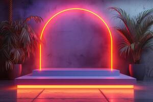 AI generated A podium with neon accents that create a sense of movement and dynamism photo