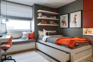 ai generado un minimalista niños' dormitorio con incorporado almacenamiento soluciones foto