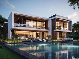 AI generated A modern house nestled within the heart of a bustling metropolis photo