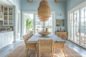 AI generated A coastal-style dining room with a rustic farmhouse table, woven rattan chairs photo