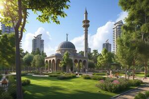 A modern mosque surrounded by a vibrant city park photo