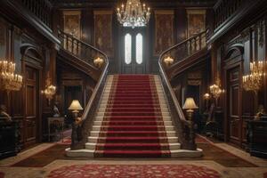AI generated A classic manor interior with a grand staircase wrapped in sumptuous velvet photo