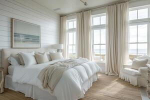AI generated A coastal-style bedroom sanctuary, characterized by whitewashed walls photo