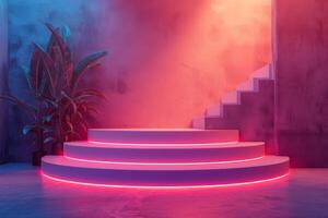 AI generated A minimalist podium adorned with neon lighting photo