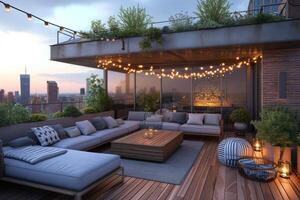 AI generated An industrial-style rooftop terrace that epitomizes urban sophistication photo