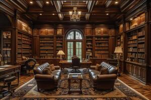 ai generado un elegante hogar biblioteca, caracterizada por Rico madera revestimiento de madera foto