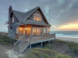 AI generated Beachfront bungalow perched on the sandy shores of the ocean photo