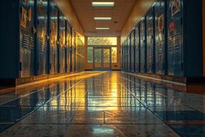 ai generado un colegio pasillo durante un más tranquilo momento, sólo antes de clases empezar foto