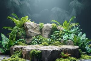 AI generated A podium adorned with natural rock formations surrounded photo