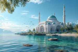 un hermosa azul Oceano con un blanco mezquita edificio en el antecedentes foto
