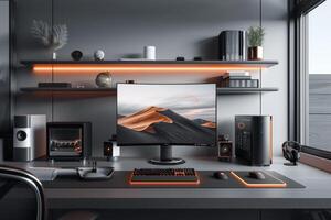 AI generated A minimalist PC setup featuring sleek desktop towers photo