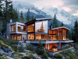 AI generated A modern house nestled in the mountains photo