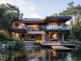 AI generated A contemporary house nestled on the shores of a tranquil lake photo