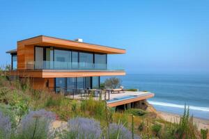 AI generated A modern seaside house perched on stilts above the sandy shores photo