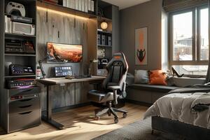 AI generated A gamer's bedroom with a high-performance gaming laptop photo