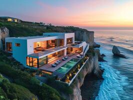 AI generated A contemporary villa perched on a cliff overlooking the sea photo