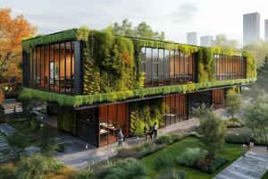AI generated An eco office building with flexible floor plans photo