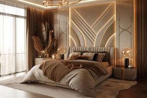 AI generated Art Deco luxury in a minimalist bedroom environment photo