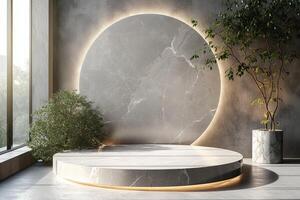AI generated A minimalist podium adorned with elegant marble textures photo