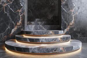 AI generated A podium with minimalist design features, accented by luxurious marble textures photo