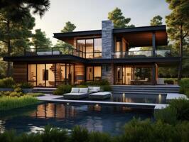 AI generated A modern house nestled within a lush urban park, surrounded by towering trees photo