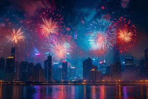 AI generated A city skyline illuminated by the vibrant colors of fireworks photo