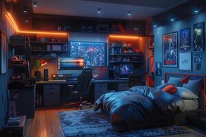 AI generated A gamer's bedroom with accent lighting focused on the gaming setup photo