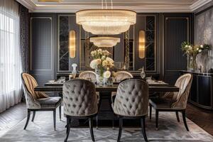 AI generated Art Deco dining room with a sleek ebony dining table photo