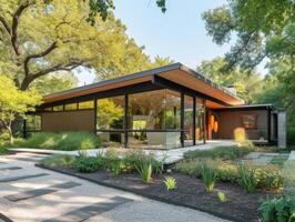 AI generated A Mid-century modern house nestled among mature trees in a suburban neighborhood photo