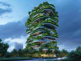 AI generated A futuristic office tower adorned with vertical gardens that wrap around its exterior photo