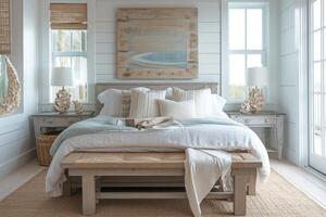 AI generated A coastal-style bedroom oasis, featuring whitewashed walls photo